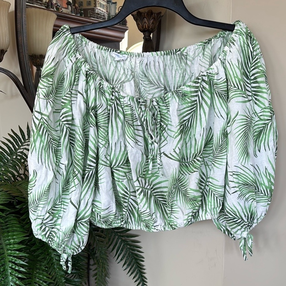 Sigrid Olsen Green & White Tropical Palm Print Crop Top Balloon Sleeves Linen